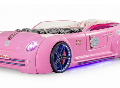 Modernes Pinkes Autobett für Mädchen Mit LED Lichtern und Soundeffekten
