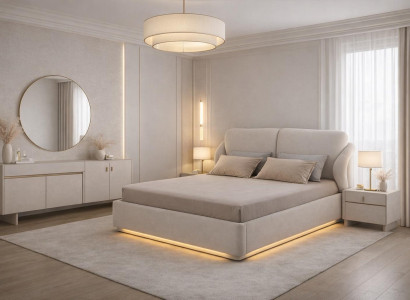 Luxuriöses Schlafzimmer-Set in Beige Bett stilvolle Kommode runder Spiegel
