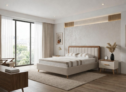 Elegantes weißes Schlafzimmer-Set weiches Bett  Holz-Nachttische Premium