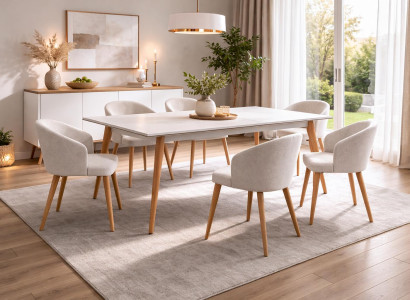 Stilvolles weißes Esszimmer-Set rechteckiger Esstisch gepolsterte Stühle