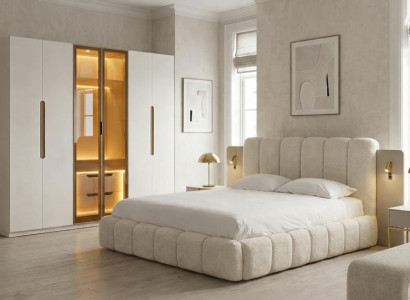 Elegantes beiges Schlafzimmer-Set Doppelbett  großer Kleiderschrank luxuriös