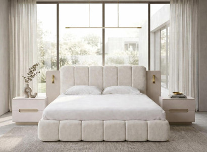 Elegantes beiges Schlafzimmer-Set großes Bett  Holz-Nachttische 3 tlg