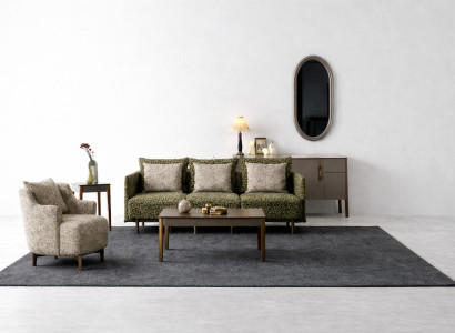 Elegantes Sofa- und Sessel-Set im modernen Design mit Holzdetails