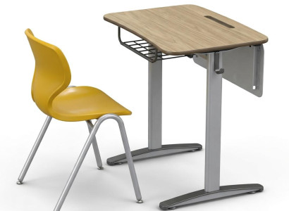 Moderne Schulbank mit Holzoptik-Tisch und ergonomischem Schülerstuhl