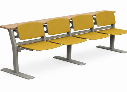 Modularer Schreibtisch mit gelben Sitzen und robustem Metallgestell