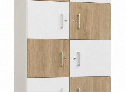 Moderner Schrank mit Holz- und Weiß-Elementen und praktischen Fächern