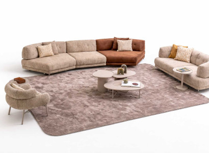Beige Sofagarnitur 2x Sofas Polstersessel 4x Holz Couchtisch 7tlg.