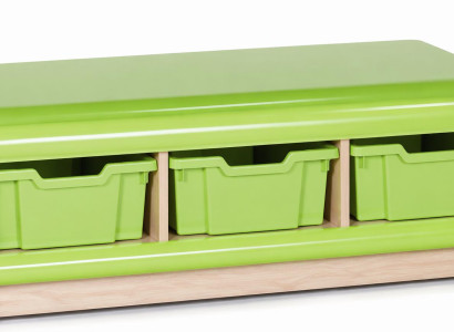 Praktische Aufbewahrungsbank mit grünen Boxen für Kinderzimmer