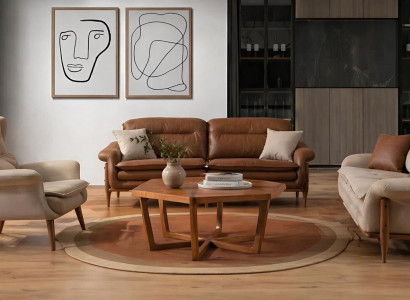 3-Sitzer Sofa und Sessel in Braun und Beige - Modernes Leder-Design