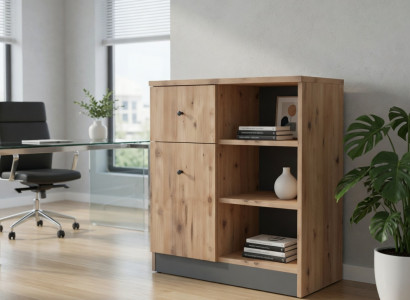 Praktisches Sideboard aus Holz mit offenen Fächern und Schubladen