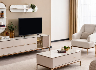 Modisches Möbelset: TV-Lowboard, Couchtisch, Beistelltisch, 2 Regale