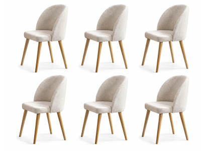 Set aus 6 modernen Esszimmerstühlen mit beige Polster und Holzbeinen