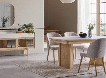 Modernes Esszimmer-Set mit Tisch, 4 Stühlen, Sideboard und Spiegel