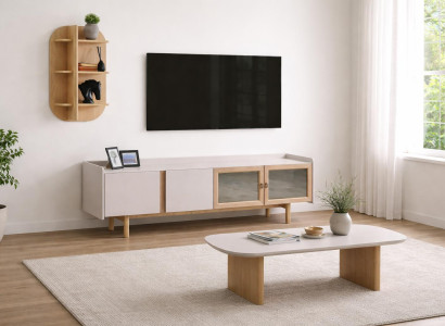 Moderne TV-Lowboard, Couchtisch und Wandregal im minimalistischen Stil