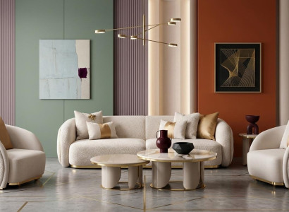 Beiges Wohnzimmer-Set weiches 3-Sitzer-Sofa Sessel Couchtisch Qualitätsmöbel