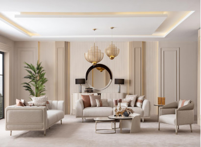 Beiges Wohnzimmer-Set 3-Sitzer-Sofas Sessel Couchtisch Beistelltisch Spiegel