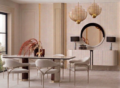 Stilvolles beiges Esszimmer-Set Esstisch Stuhlgarnitur Sideboard Spiegel