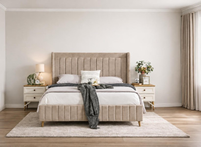 Elegantes Schlafzimmer-Set mit gepolsterem Bett und zwei Nachttischen