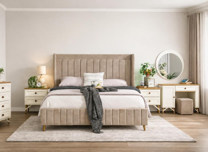 Schlafzimmer-Set mit Bett, 2 Nachttischen, Kommode und Frisiertisch