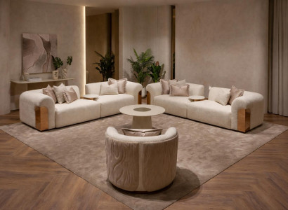 Beiges Wohnzimmer-Set 2 x 3-Sitzer-Sofas Sessel Couchtisch großes Möbel-Set