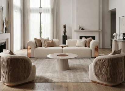 Beiges Wohnzimmer-Set 3-Sitzer-Sofa Sessel Couchtisch Wohnzimmermöbel