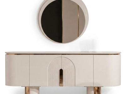 Beigefarbene Anrichte mit Spiegel Kommode Design-Sideboard aus Holz