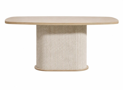 Moderner Esstisch mit skulpturaler Säule und eleganter Holzoberfläche