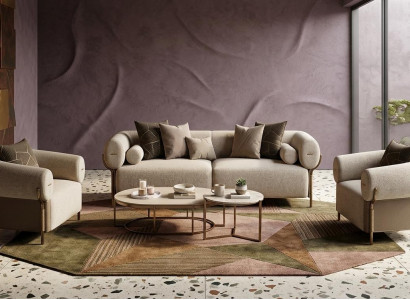 Modernes beiges Wohnzimmer-Set großes 3-Sitzer-Sofa zwei Sessel Couchtisch
