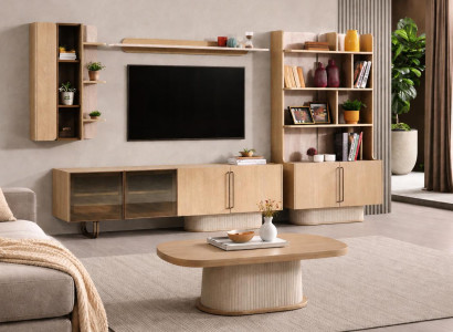 Elegantes Wohnzimmer-Set mit TV-Lowboard, Couchtisch und Wandregalen