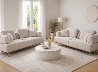 Beige Sofaset im Modernen Stil mit Metallbeinen und Kuschelkissen