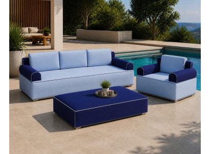Sofa Sessel Couchtisch blau bequem geräumig weich modern neu