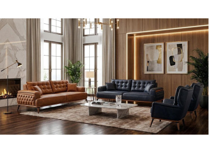 Polstergarnitur 3Sitzer-Sofa Sessel Leder Dunkelblau Braun Kissen Neu