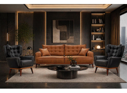 Polstergarnitur 3Sitzer-Sofa Sessel Leder Komfortabel Dunkelblau Braun