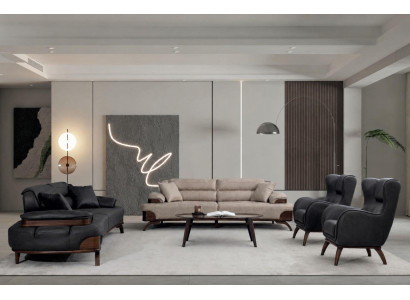 Polstergarnitur 3 Sitzer sofa Leder Schwarz Kissen Sessel Modern Neu
