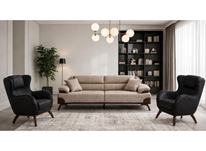 Polstergarnitur 3 Sitzer sofa Leder Beige Kissen Sessel Schwarz Modern