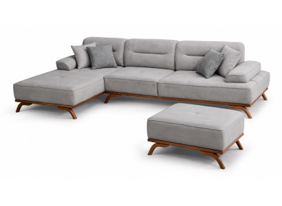 Polstergarnitur Ecksofa L-Form Pouf Modular Grau Kissen Modern Elegant