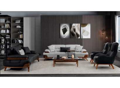 Polstergarnitur 3-Sitzer sofa Sessel Leder Schwarz Grau Kissen Modern