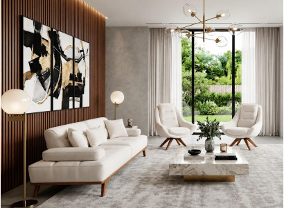 Polstergarnitur 3Sitzer sofa Sessel Stoff Kissen Weiß Modern Elegant