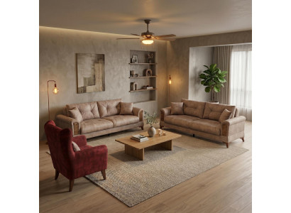 Sofa Set 2x 3 Sitzer 1x Sessel Modern Braun Rot Luxus Couch Garnitur