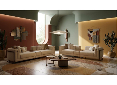 Großes beiges Wohnzimmer-Set 2 x 4-Sitzer-Sofas Couchtisch Beistelltisch