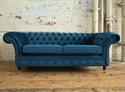 XXL Sofa 3 Sitzer Couch Chesterfield Polster Sitz Garnitur Textil Leder Blau Neu