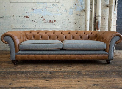 XXL Big Sofa 4 Sitzer Couch Chesterfield Polster Sitz Garnitur Leder Textil Grau