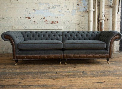 XXL Sofa 4 Sitzer Couch Schwarz  Chesterfield Polster Sitz Garnitur Leder Textil