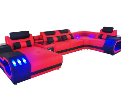 Ledersofa Couch Wohnlandschaft Eck Garnitur Design Modern Sofa U-Form Sofa Rot