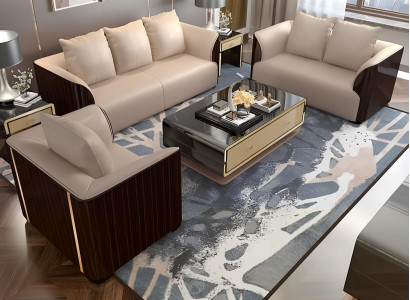 Klassische Design Garnitur Couch Sitz Polster Komplett Set 3+2 Holz Leder Neu