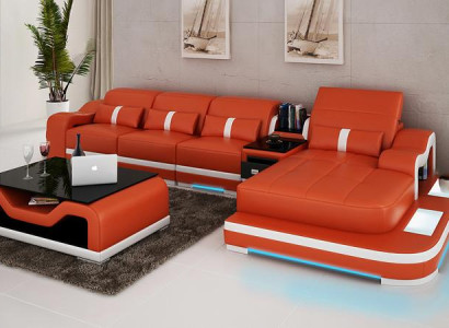 Ledersofa mit USB Couch Wohnlandschaft Ecksofa Eck Sofa Garnitur Design Modern