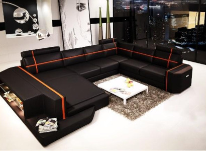 Ecksofa LED USB Ledersofa Modernes Sofa Couch U Form Wohnlandschaft +Beleuchtung