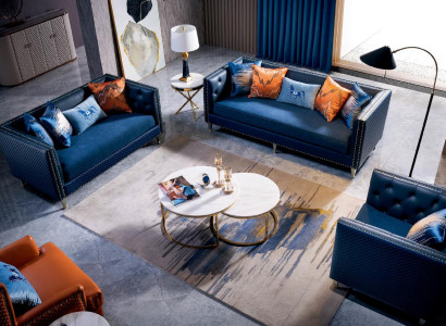 Ledersofa Couch Sofagarnituren 3+2+1 Sitzer Garnitur Design Modern Sofa Blau Neu