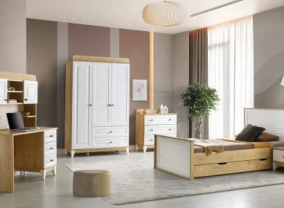 Kinderzimmer Set Bett Nachttisch Kommode Kleiderschrank Schreibtisch 5tlg.