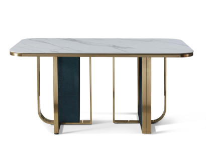 Holz Esstisch in Natur mit Edelstahl- und Marmor-Imitat, modern